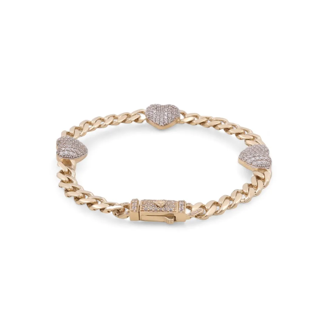 10K Yellow Gold Cuban Link with Hearts and Zirconias Bracelet