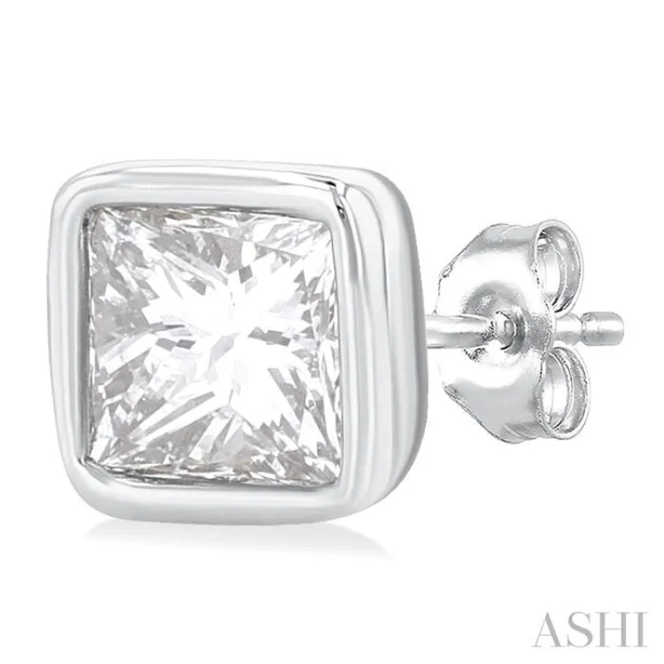 1/5 ctw Petite Bezel Set Princess Cut Diamond Fashion Stud Earring in 10K White Gold
