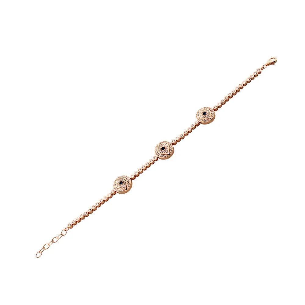 925 Sterling Silver Rose Gold -Tone White Blue Bezel-Set CZ Evil Eye Womens Tennis Bracelet