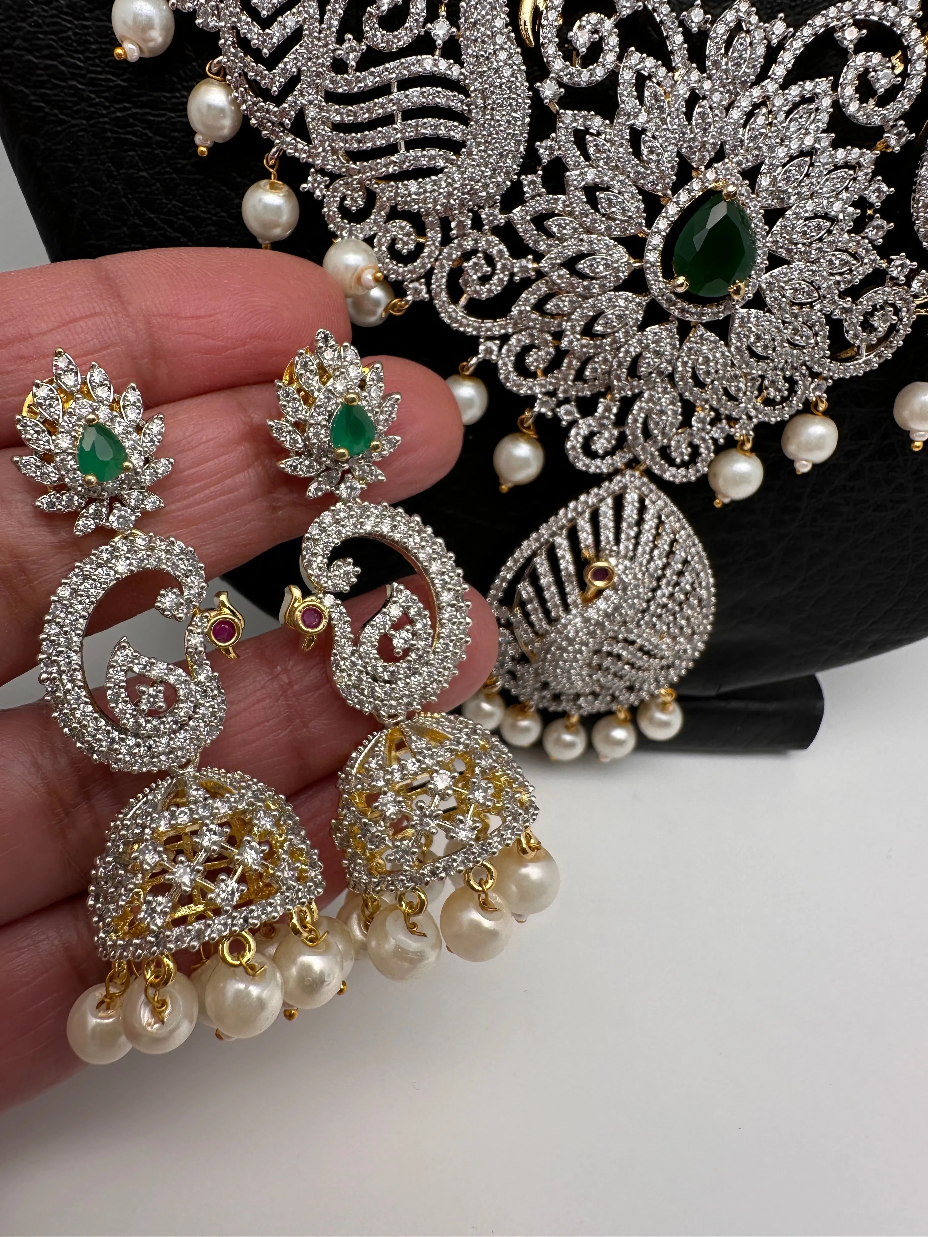 AD Diamond Finish Ganga Jamuna Polish Floral Green Peacock Long Short Stiff Necklace Combo Set