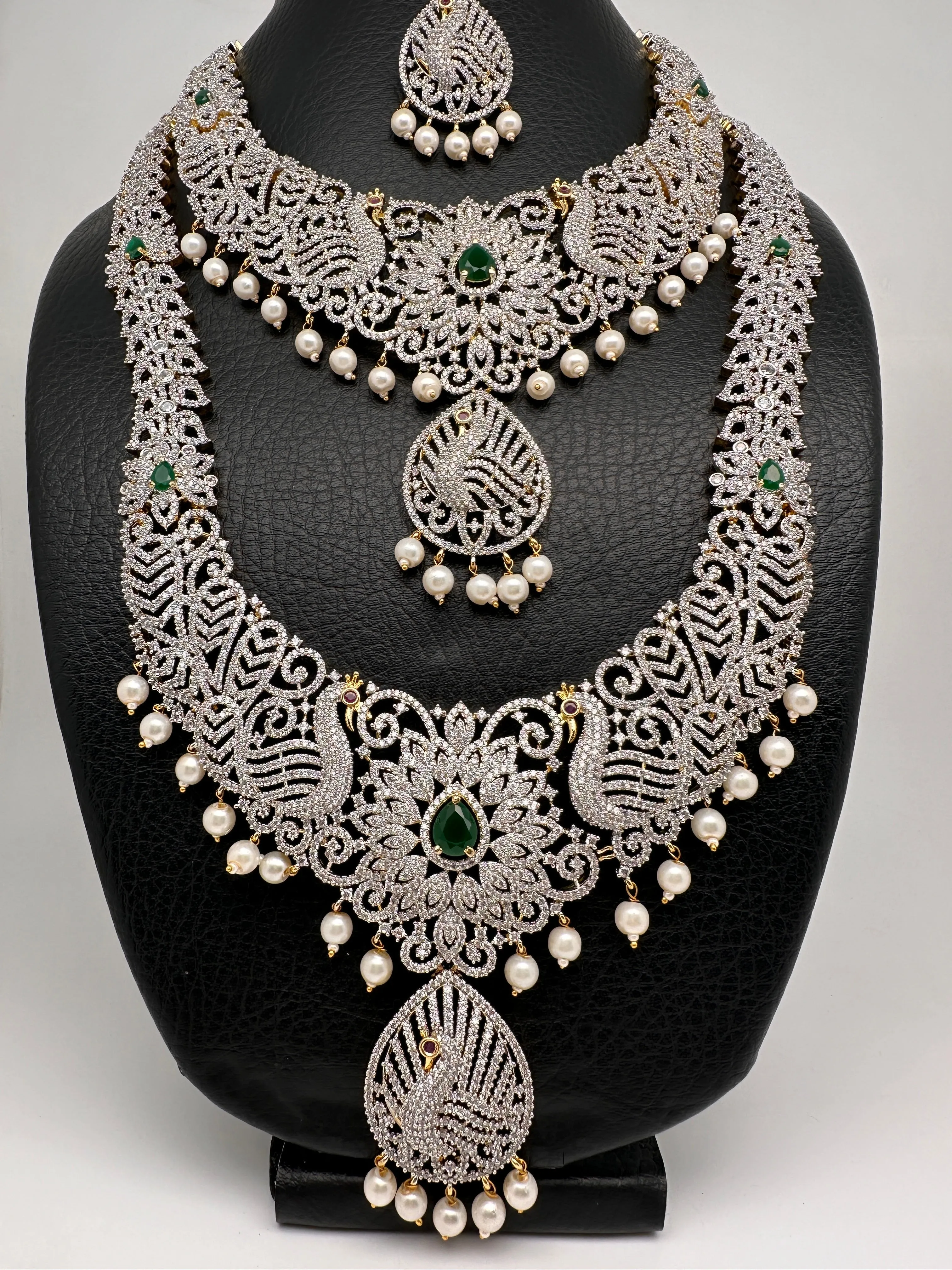 AD Diamond Finish Ganga Jamuna Polish Floral Green Peacock Long Short Stiff Necklace Combo Set