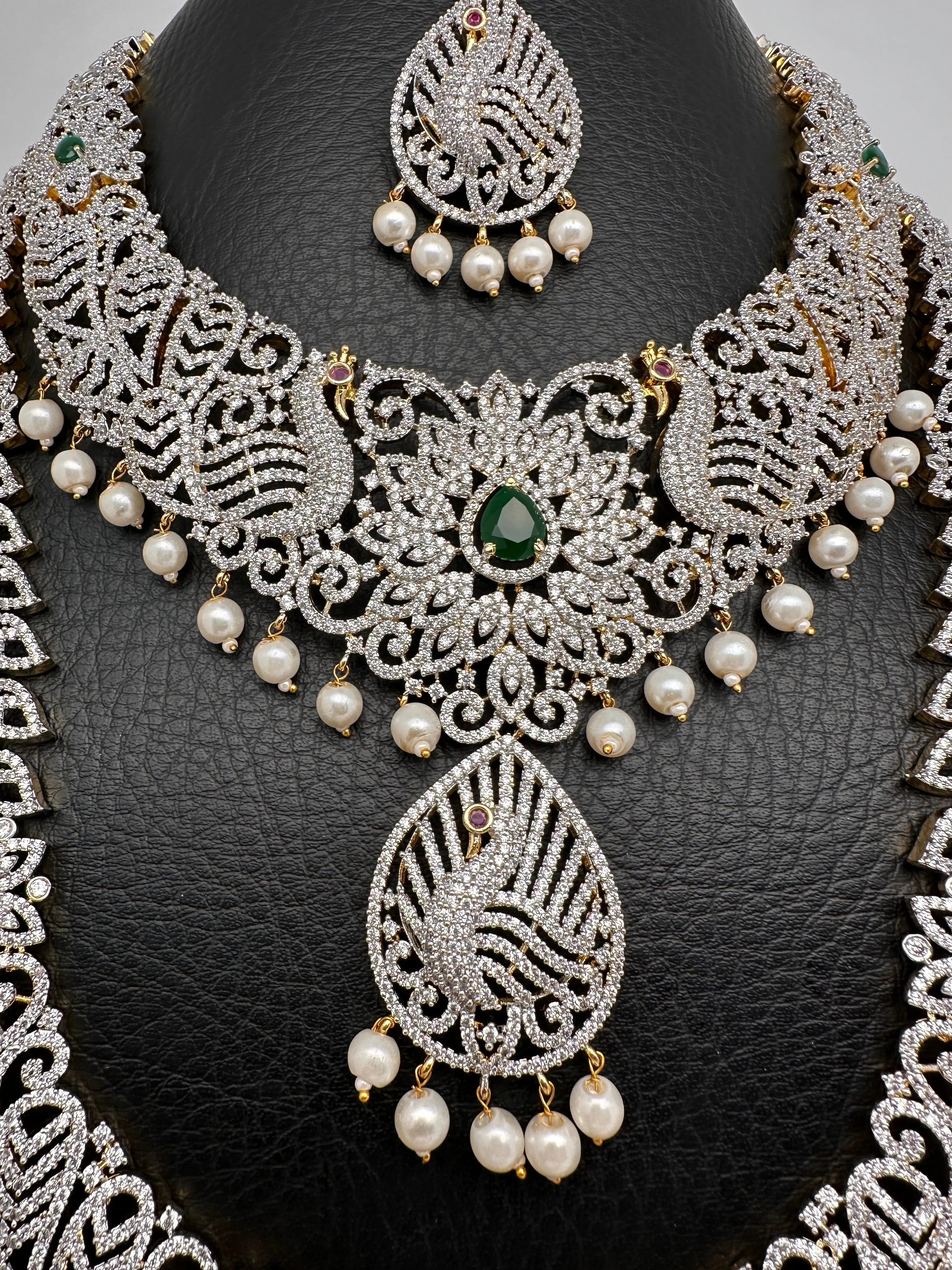 AD Diamond Finish Ganga Jamuna Polish Floral Green Peacock Long Short Stiff Necklace Combo Set