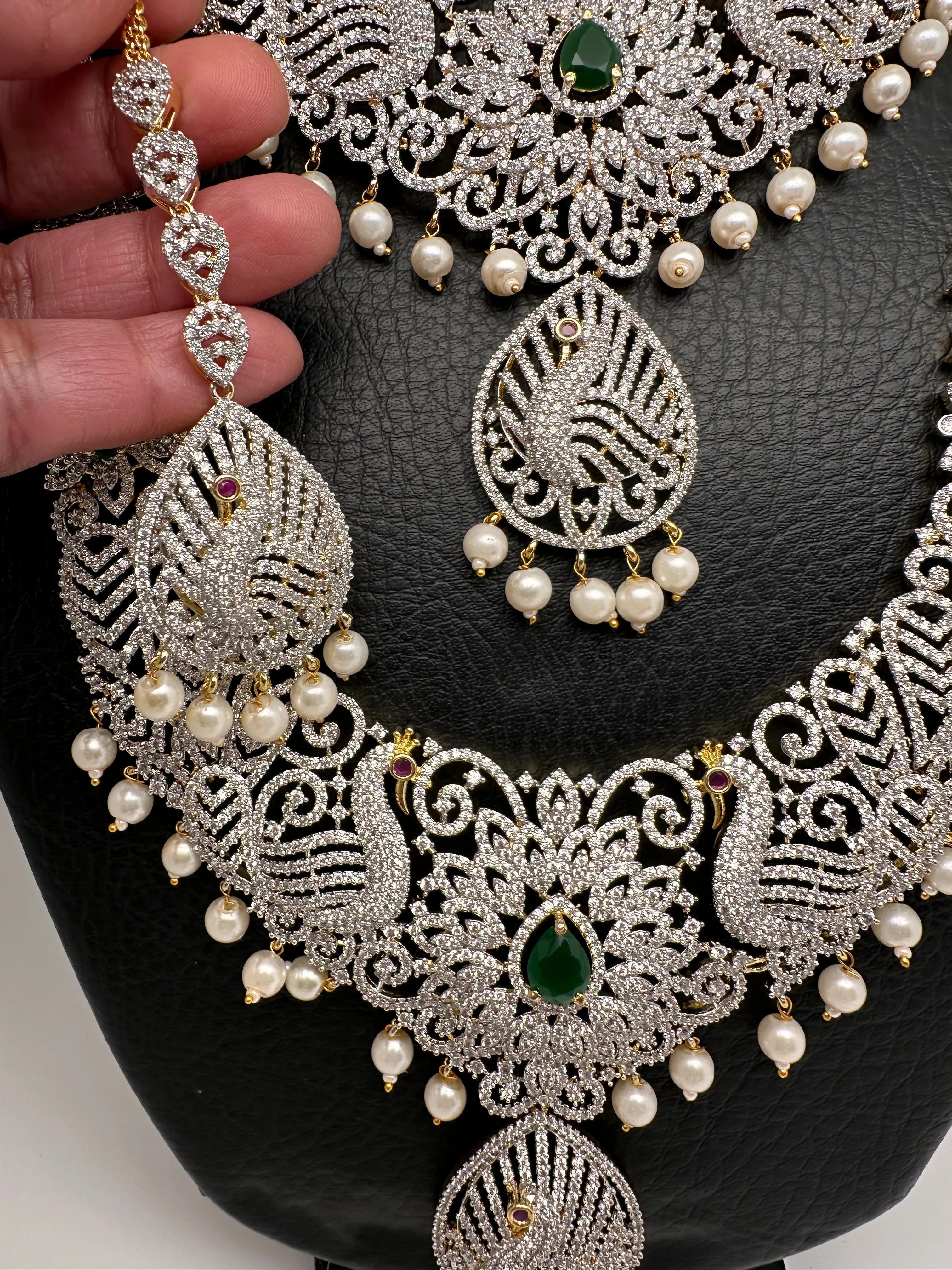AD Diamond Finish Ganga Jamuna Polish Floral Green Peacock Long Short Stiff Necklace Combo Set