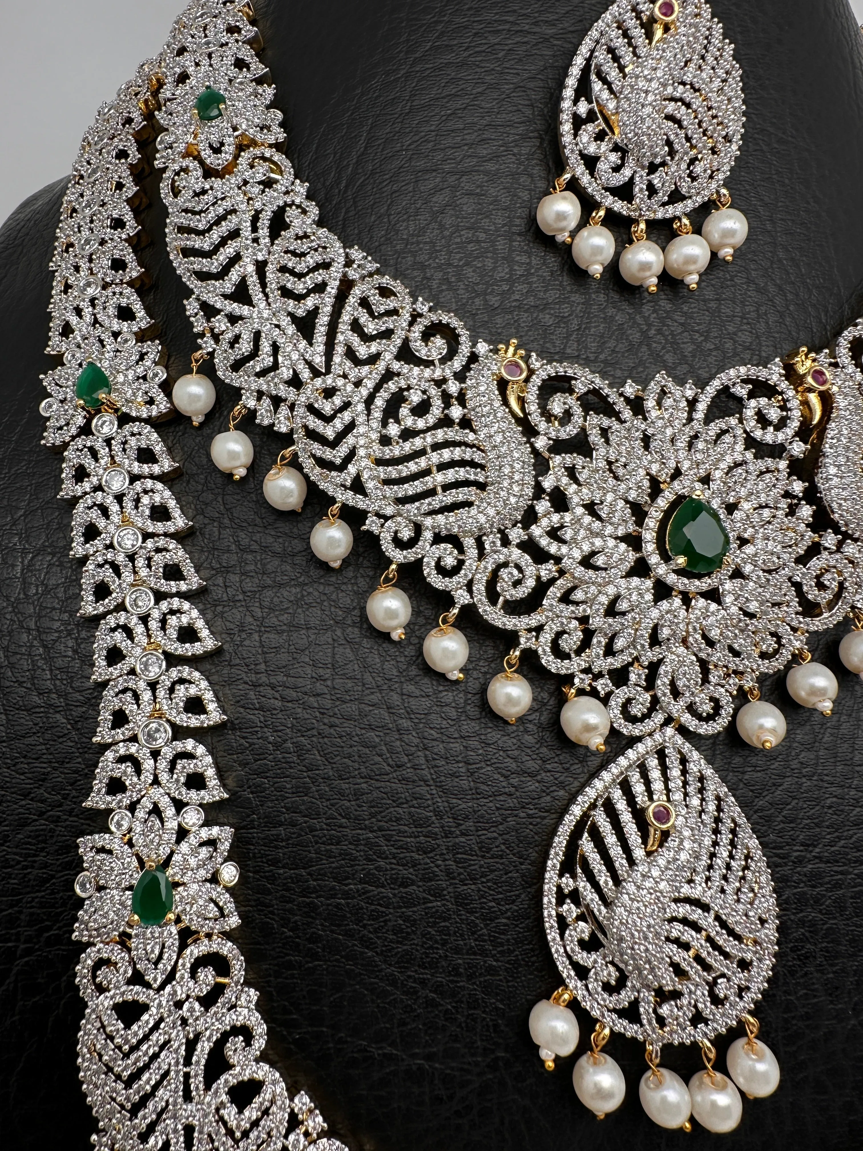 AD Diamond Finish Ganga Jamuna Polish Floral Green Peacock Long Short Stiff Necklace Combo Set
