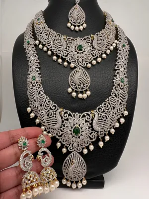 AD Diamond Finish Ganga Jamuna Polish Floral Green Peacock Long Short Stiff Necklace Combo Set