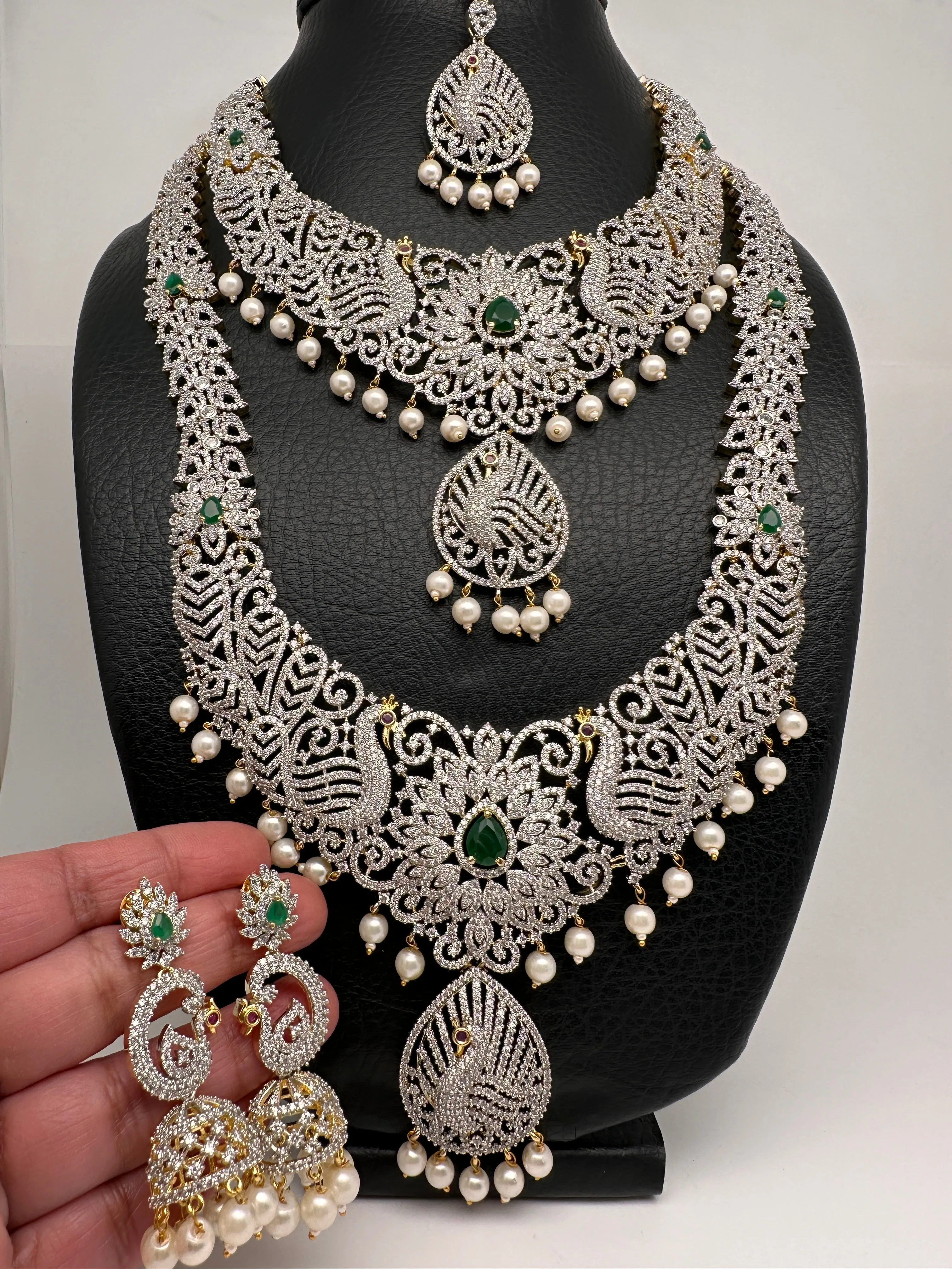 AD Diamond Finish Ganga Jamuna Polish Floral Green Peacock Long Short Stiff Necklace Combo Set