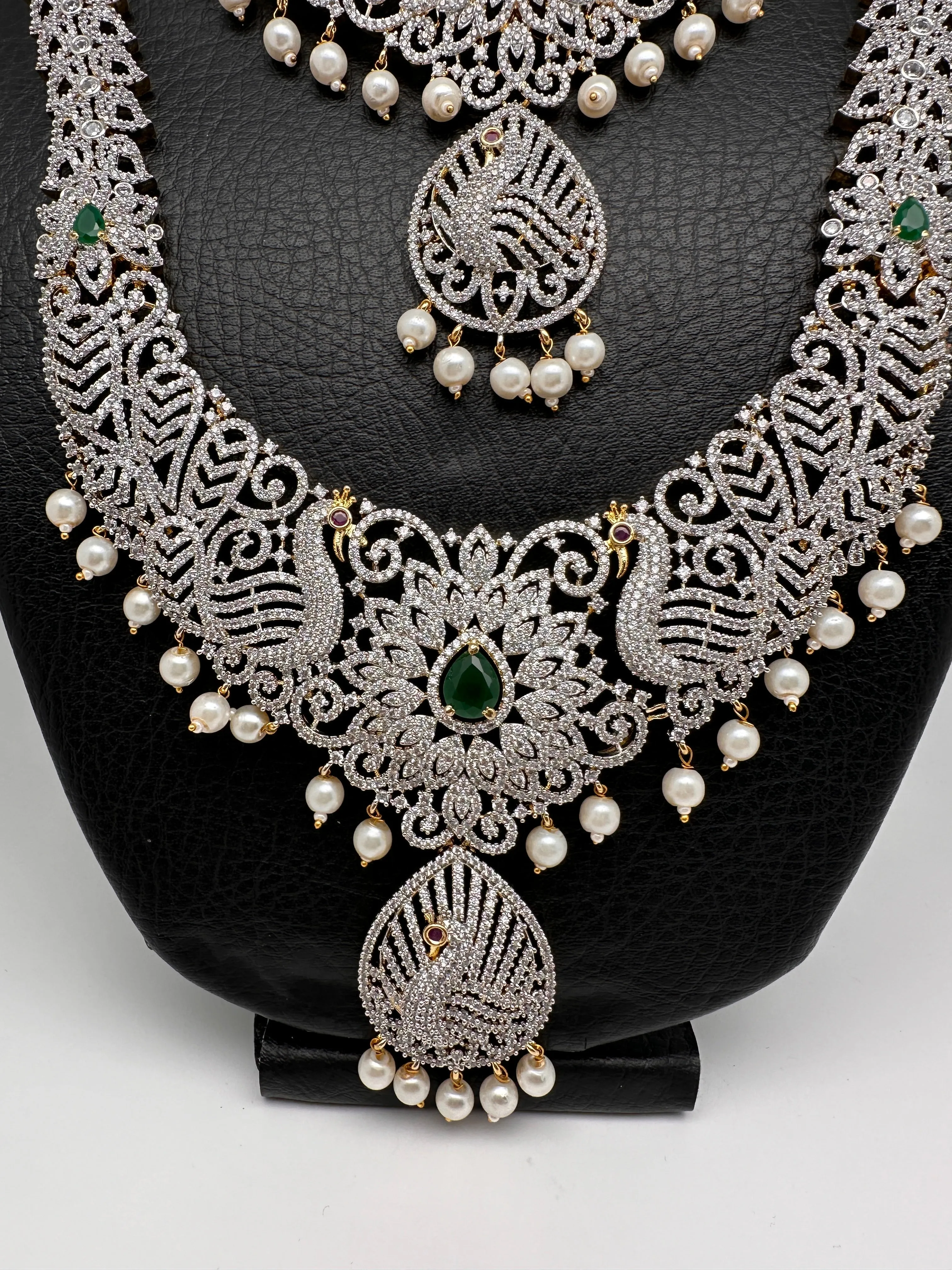 AD Diamond Finish Ganga Jamuna Polish Floral Green Peacock Long Short Stiff Necklace Combo Set