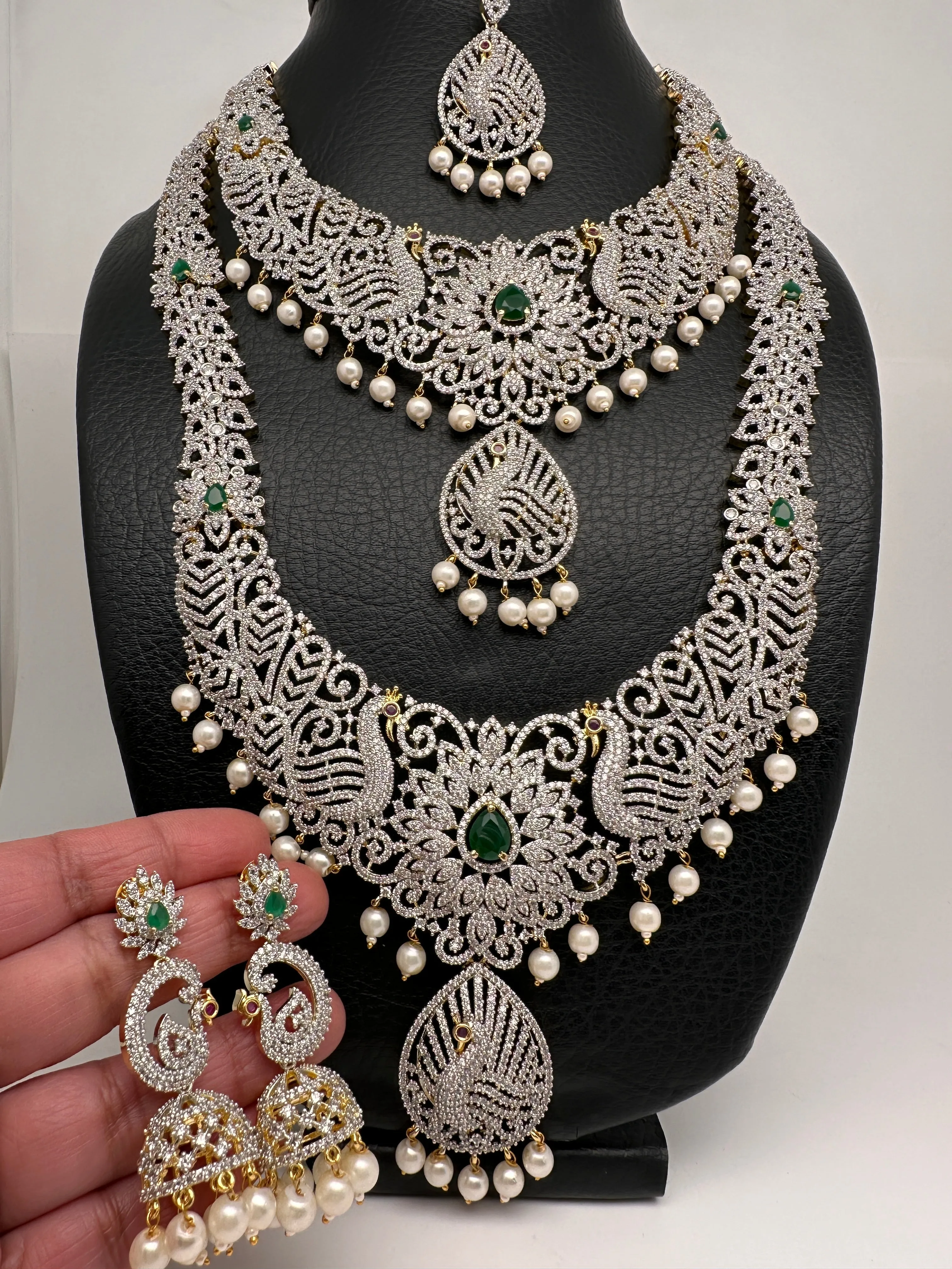 AD Diamond Finish Ganga Jamuna Polish Floral Green Peacock Long Short Stiff Necklace Combo Set