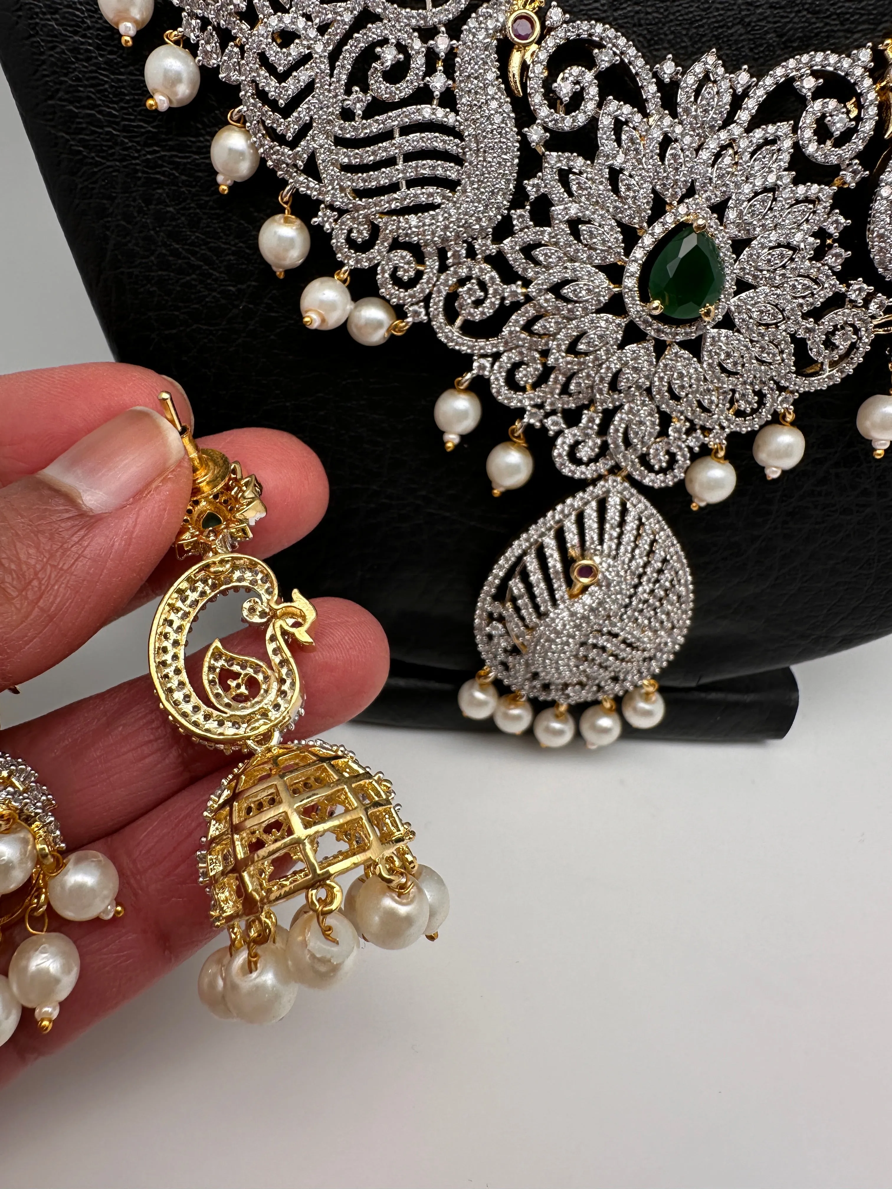 AD Diamond Finish Ganga Jamuna Polish Floral Green Peacock Long Short Stiff Necklace Combo Set