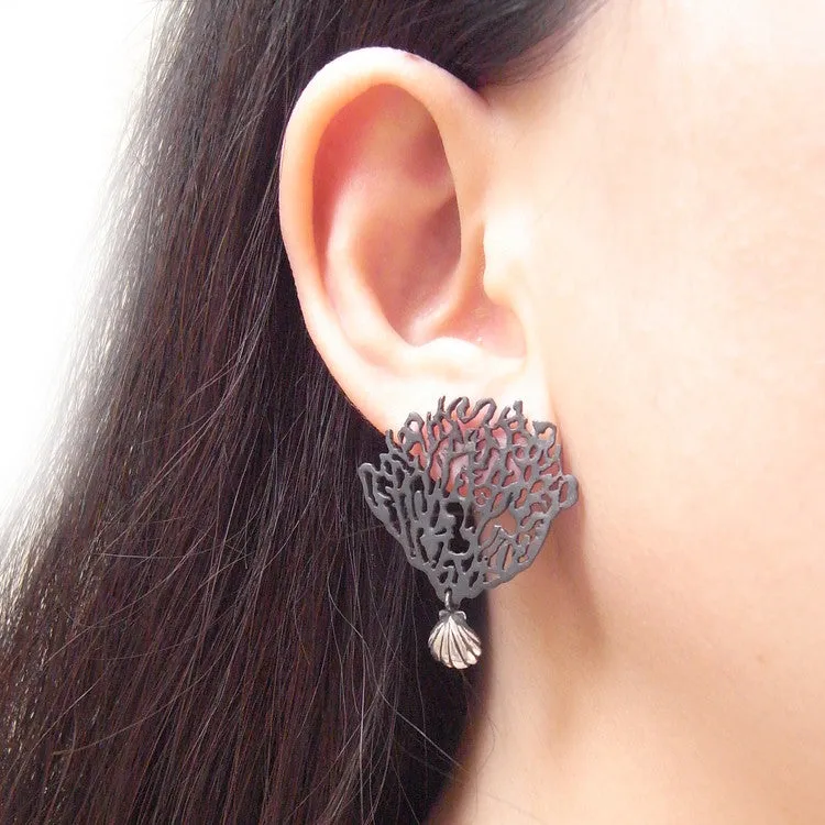 Black Coral & Shell Earrings Silver