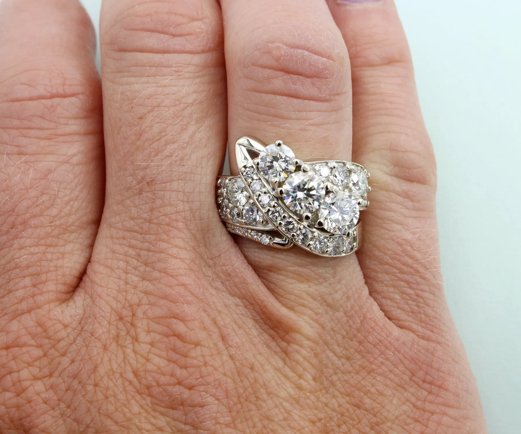 Contemporary Artistic Three Diamond Pave Ring