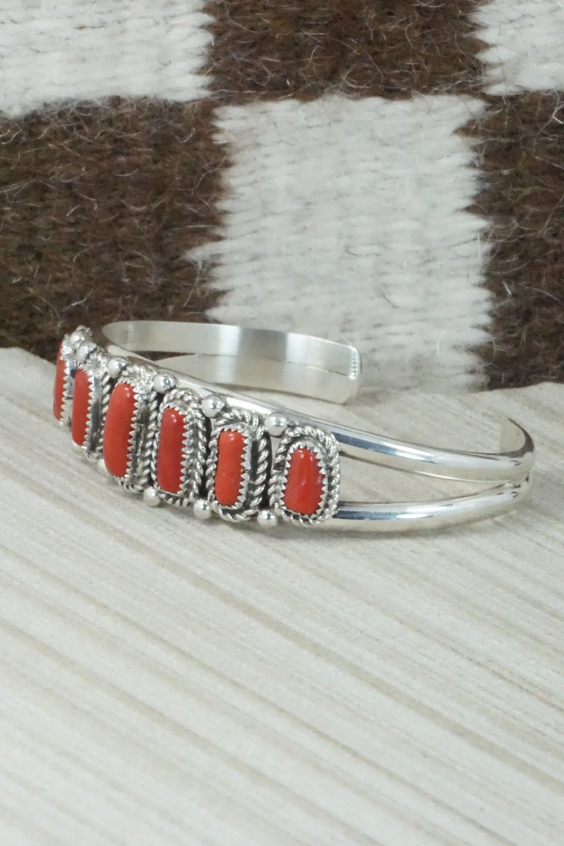 Coral & Sterling Silver Bracelet - Leslie Nez