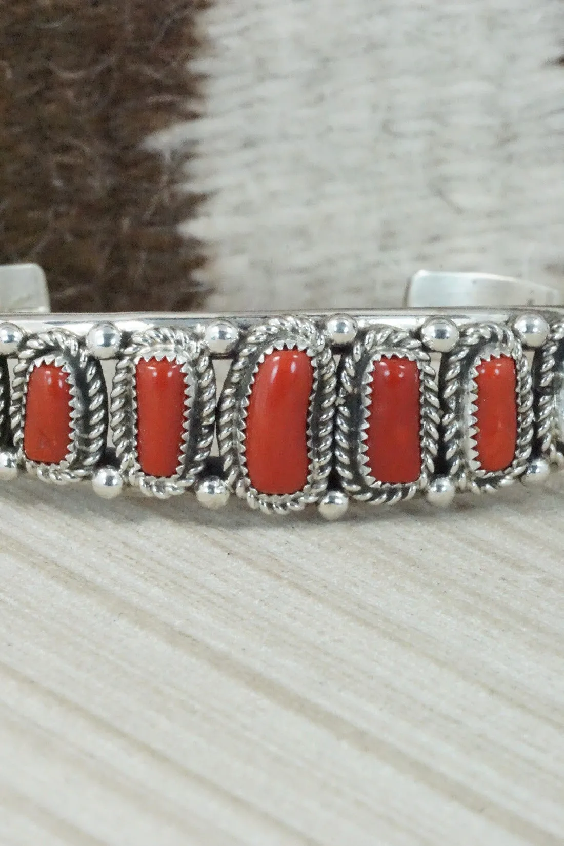Coral & Sterling Silver Bracelet - Leslie Nez