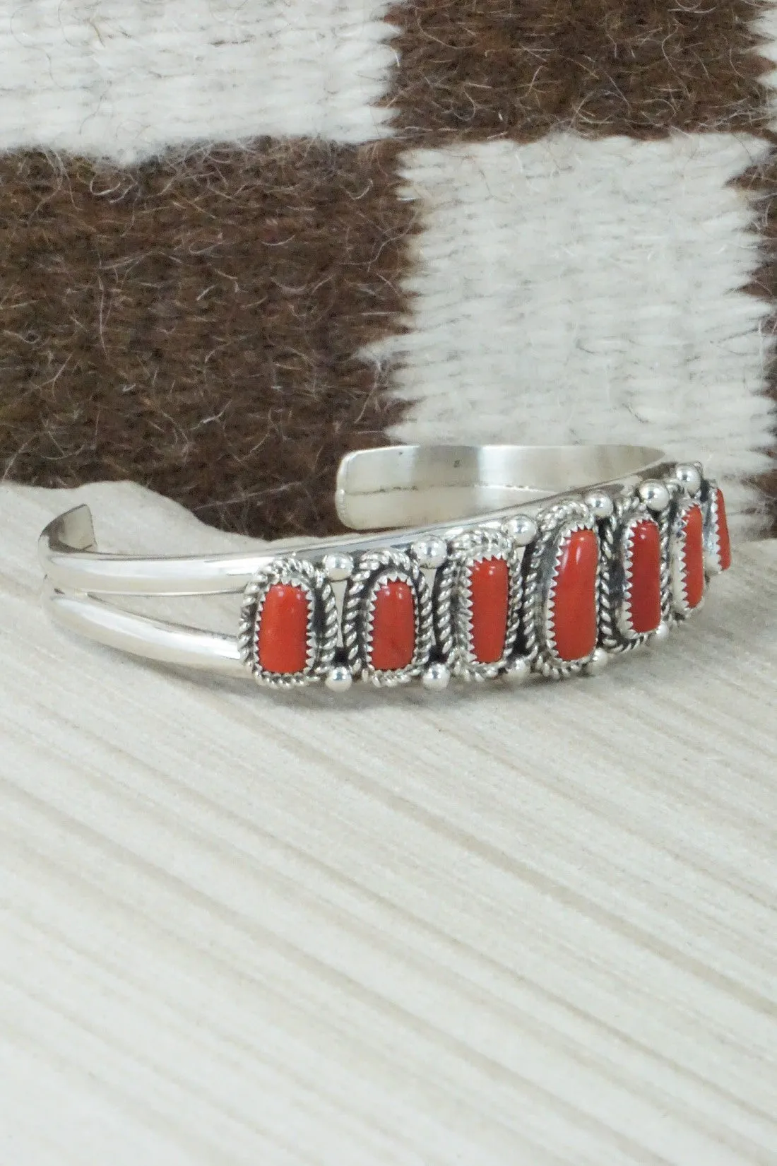 Coral & Sterling Silver Bracelet - Leslie Nez