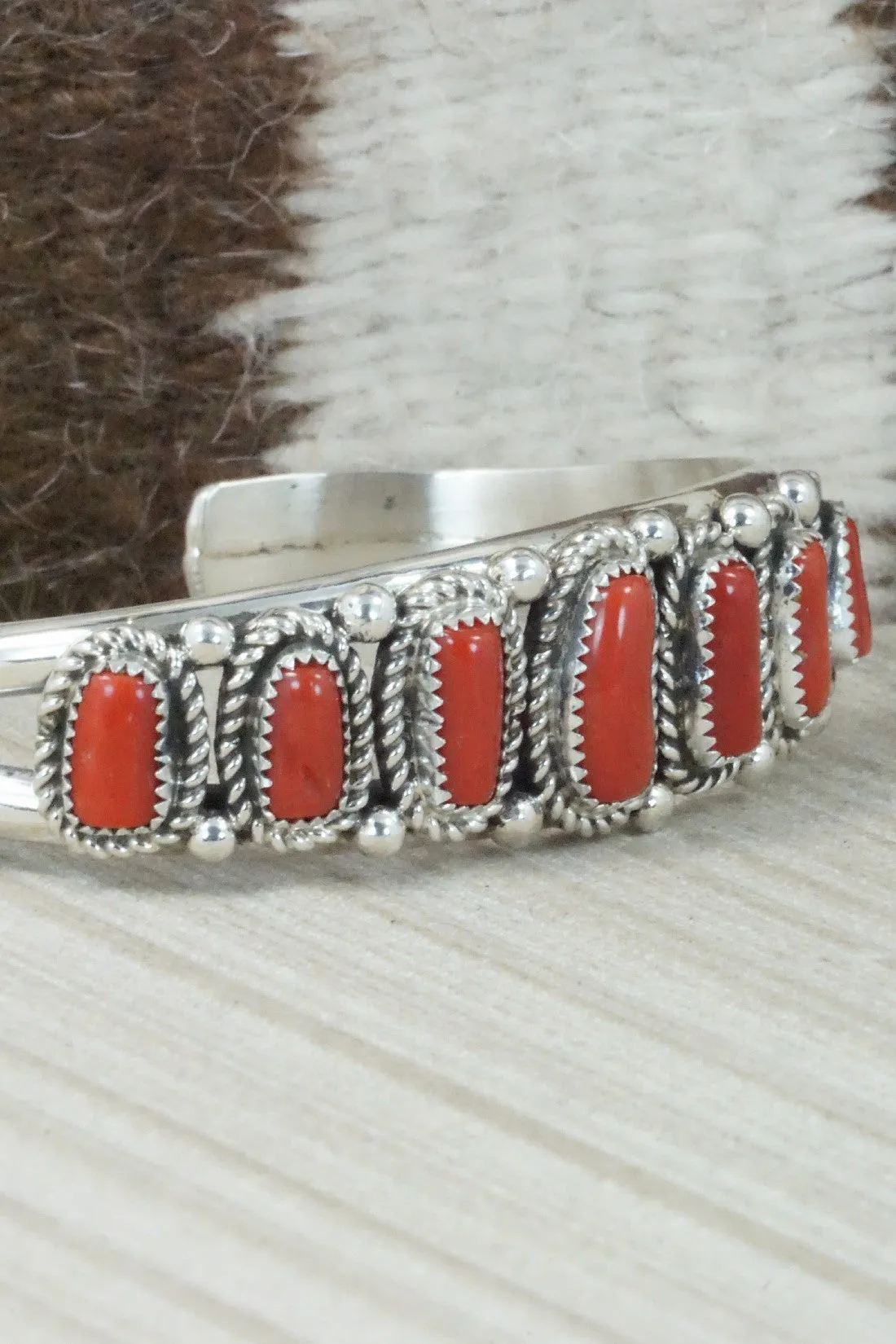 Coral & Sterling Silver Bracelet - Leslie Nez