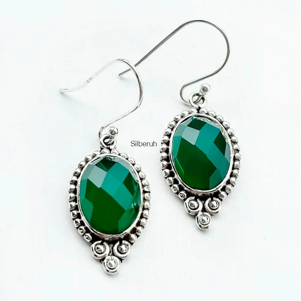 Facetted Green Onyx Silver Earring