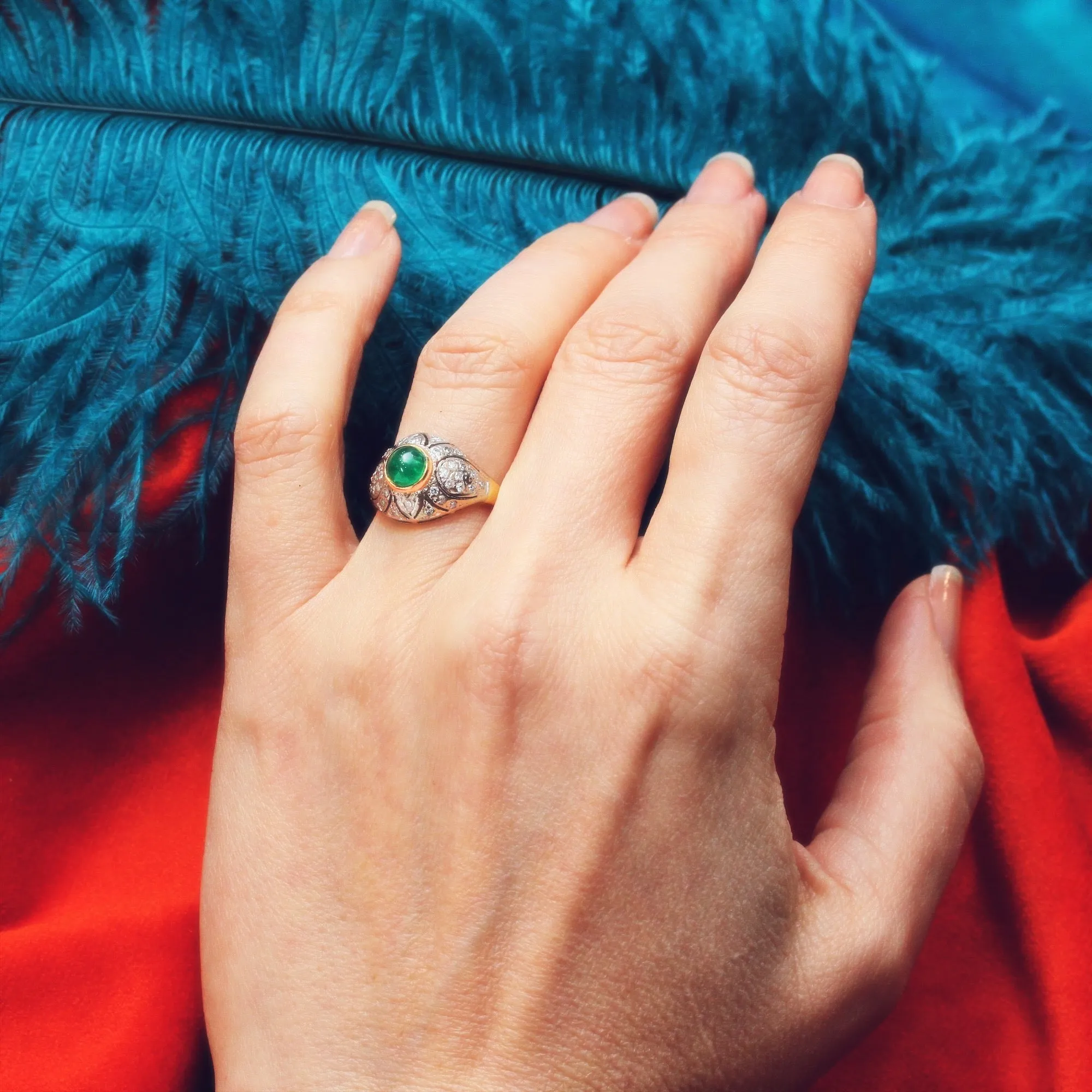 Fantastic Deco Style Emerald & Diamond Boule Cocktail Ring