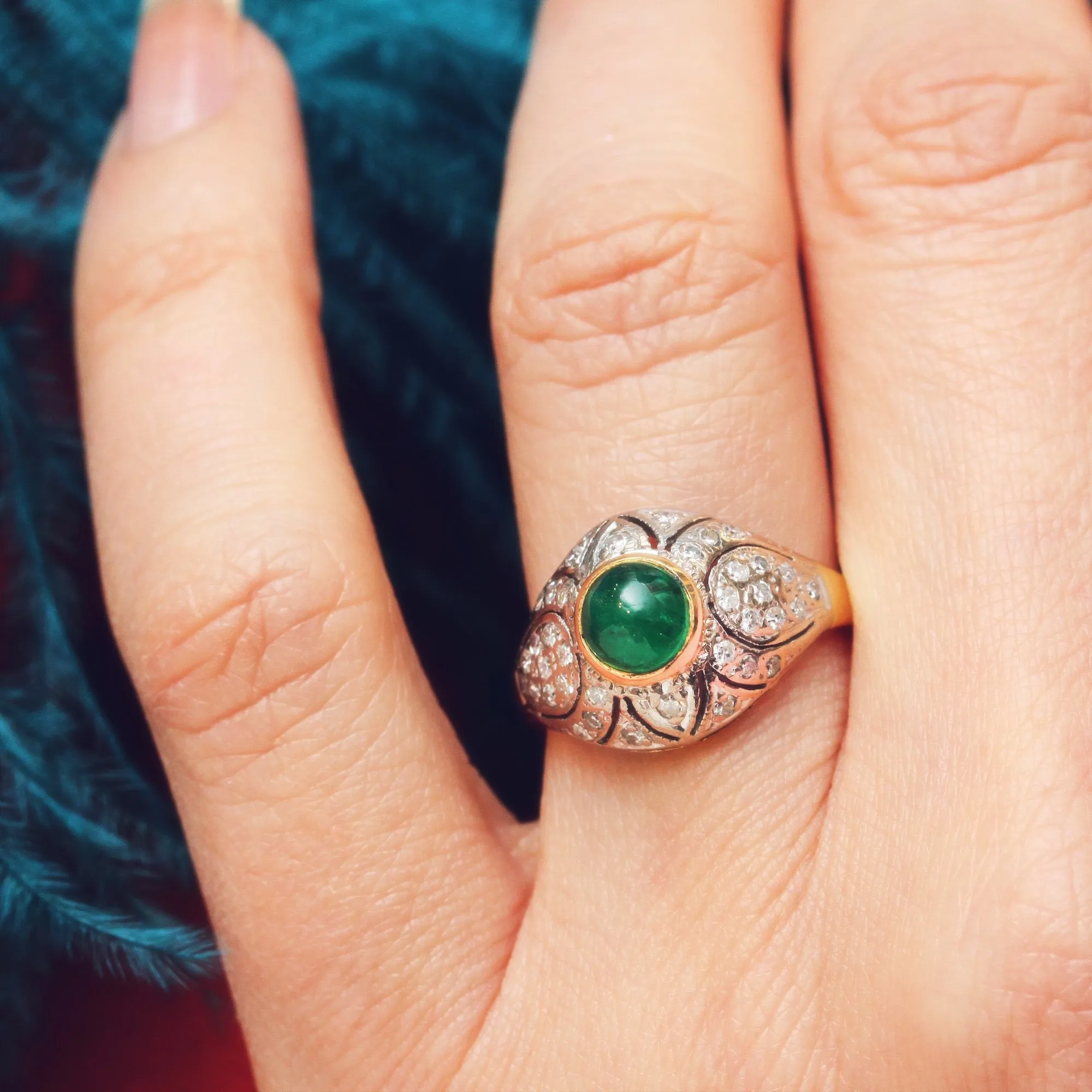 Fantastic Deco Style Emerald & Diamond Boule Cocktail Ring