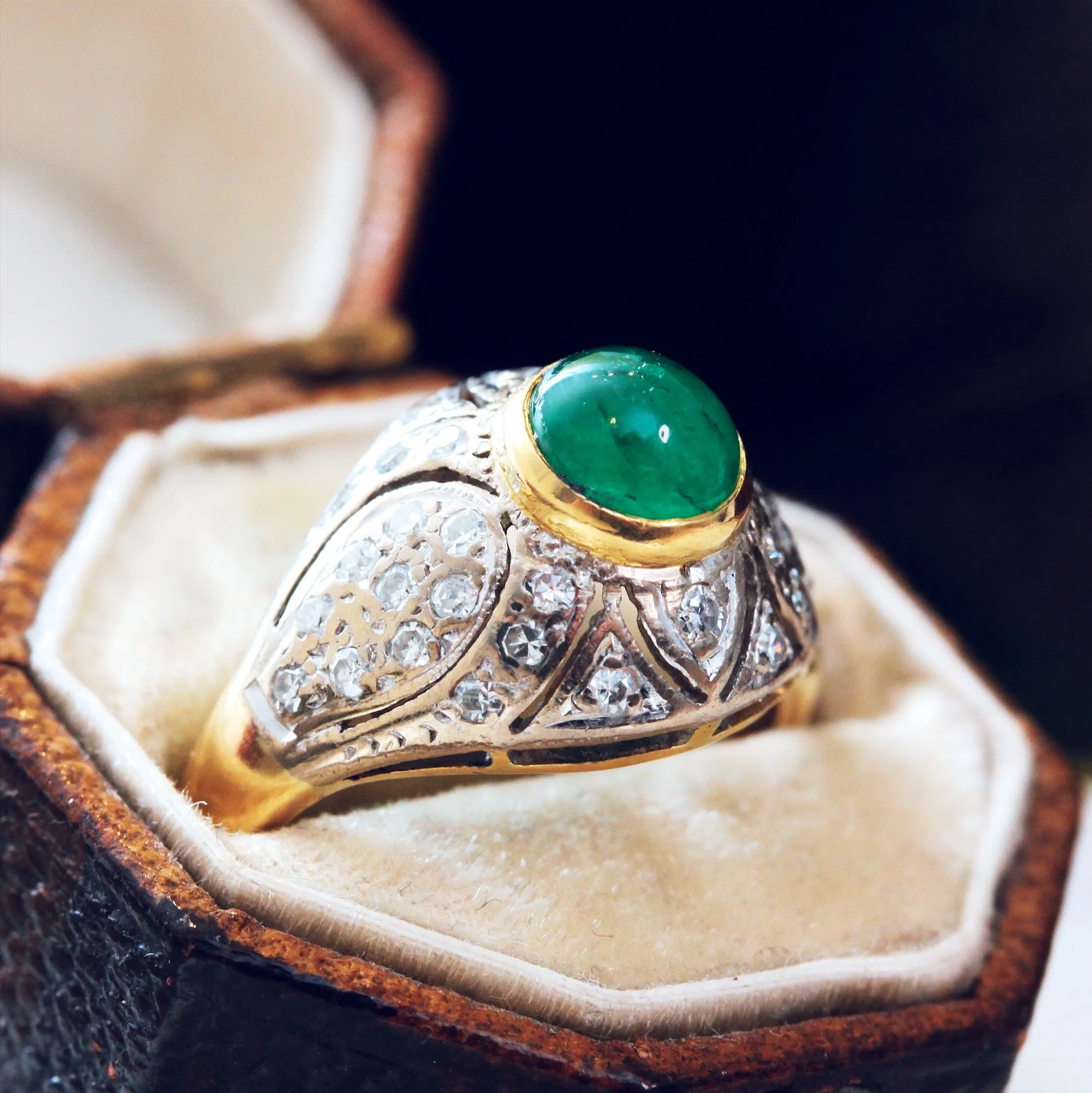 Fantastic Deco Style Emerald & Diamond Boule Cocktail Ring