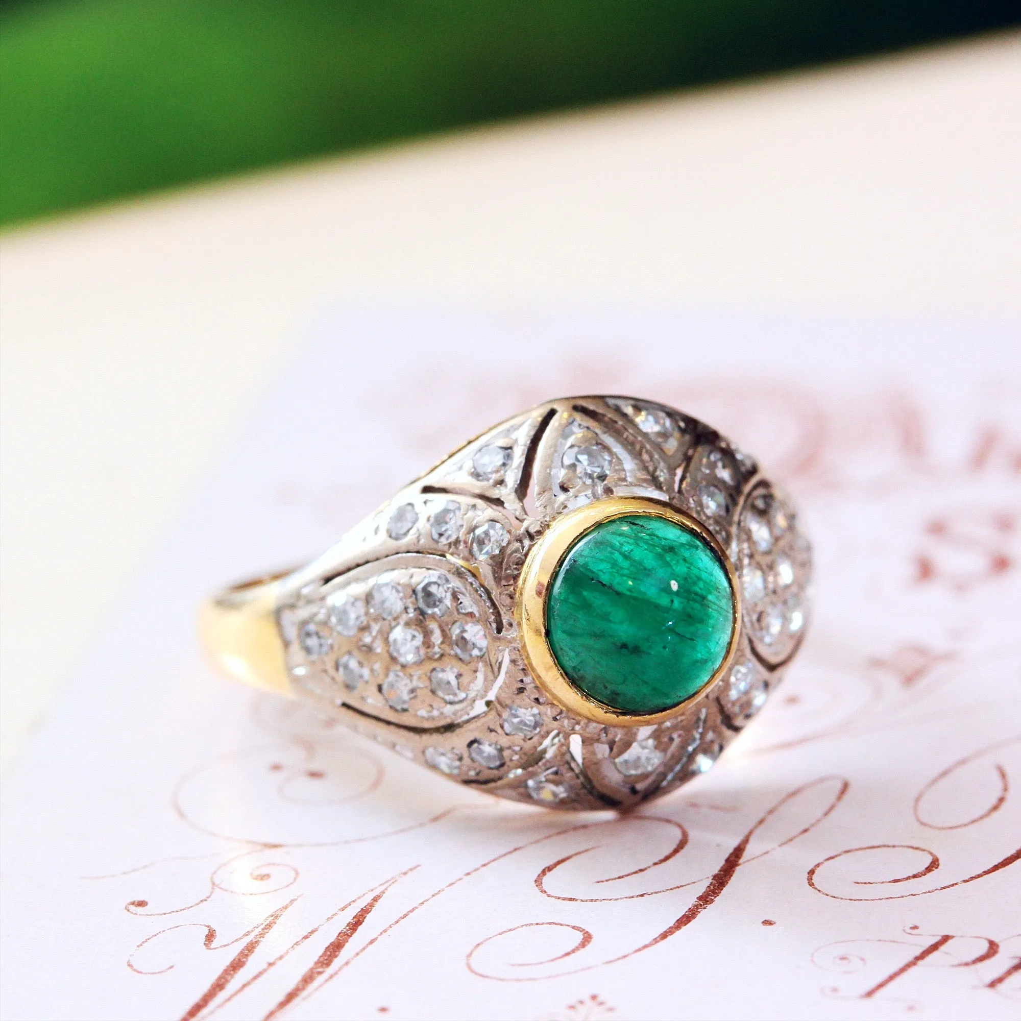 Fantastic Deco Style Emerald & Diamond Boule Cocktail Ring