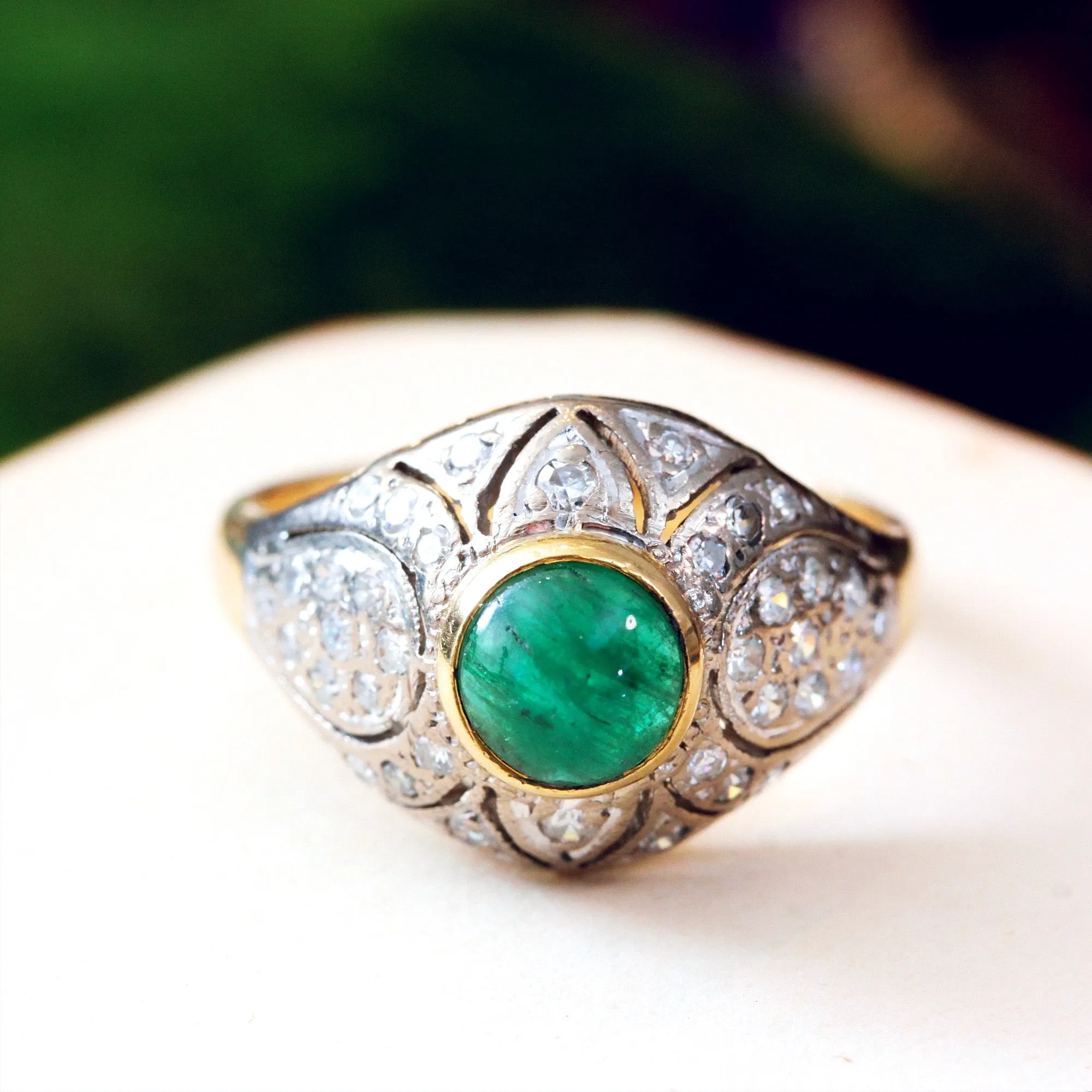 Fantastic Deco Style Emerald & Diamond Boule Cocktail Ring