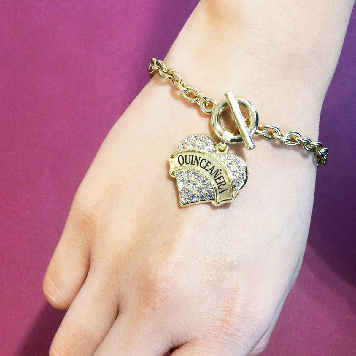 Gold Quinceanera Pave Heart Charm Toggle Bracelet