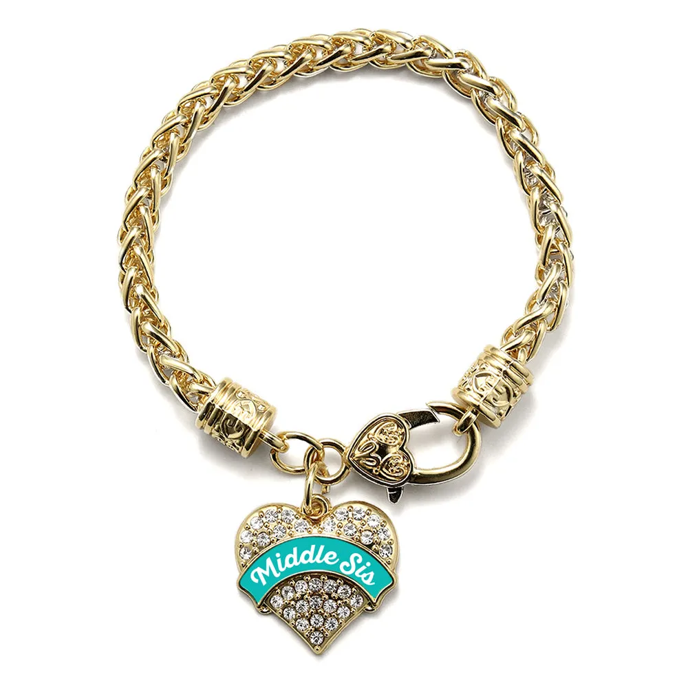 Gold Teal Middle Sister Pave Heart Charm Braided Bracelet