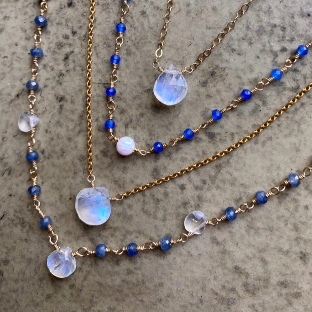 Long Sapphire Necklace with Moonstone