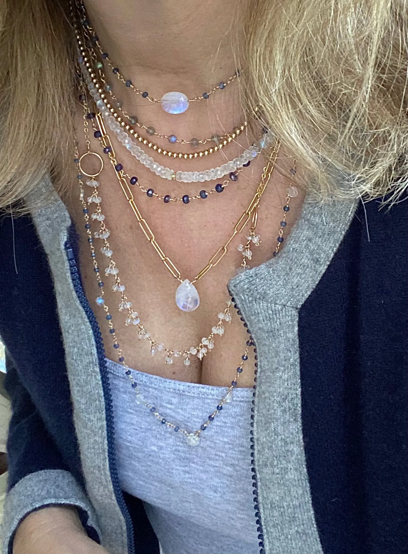Long Sapphire Necklace with Moonstone