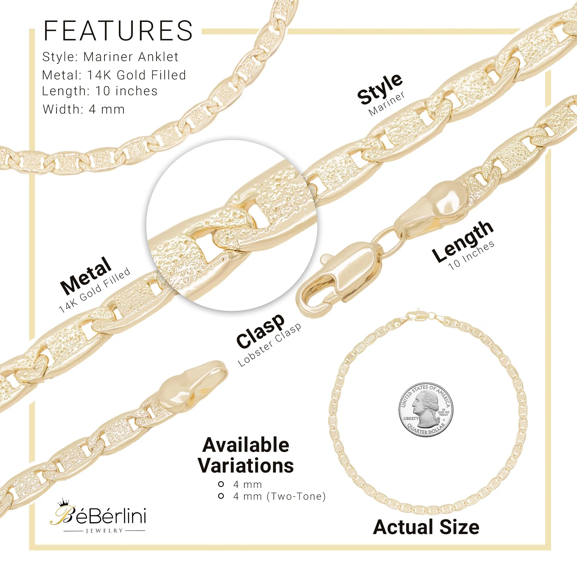 Mariner Chain Anklet 14K Gold Filled 4 mm Jewelry Women 9.5"