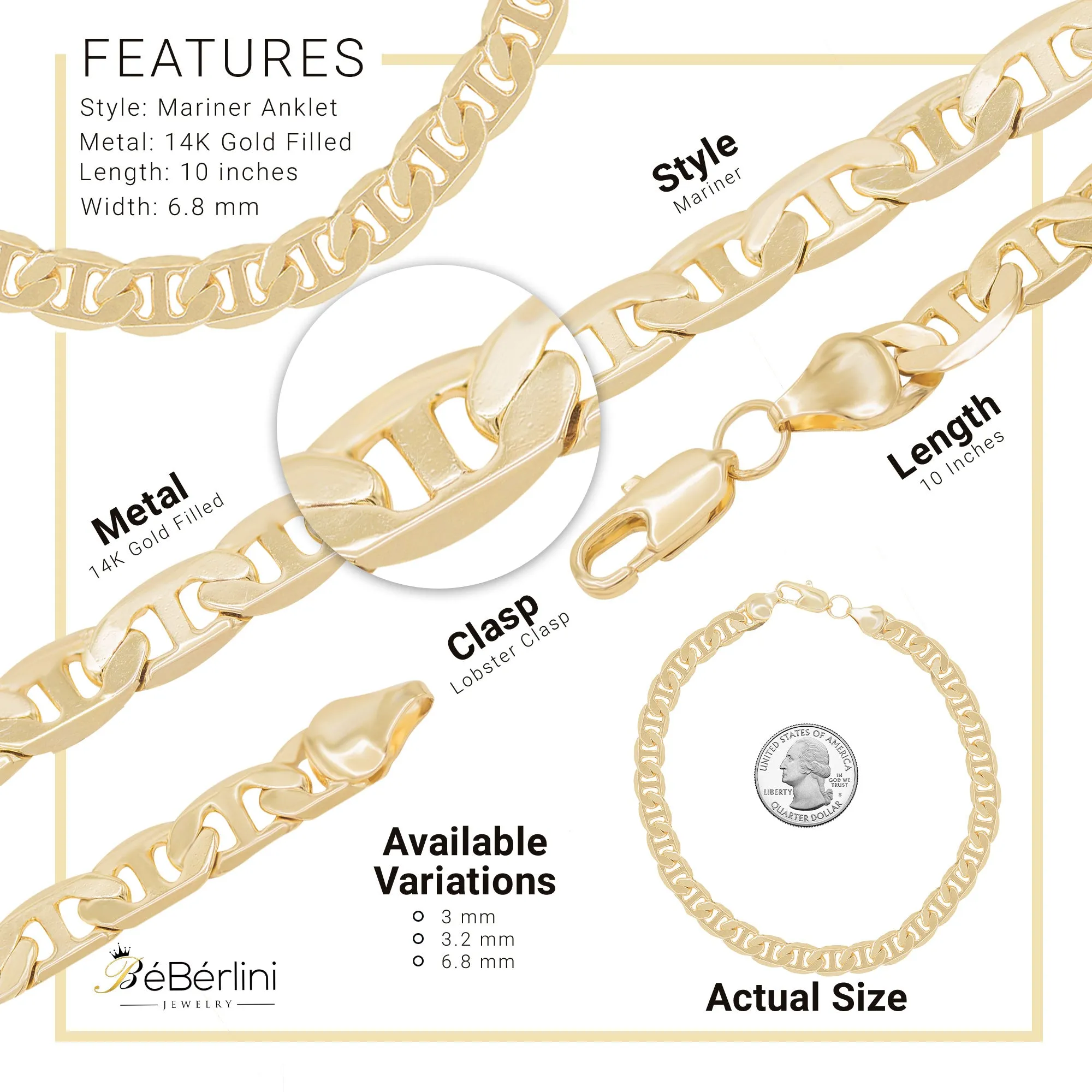 Mariner Chain Anklet 14K Gold Filled 6.8 mm Jewelry Women 9.5"