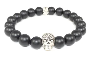 Matte Black Onyx Bracelet with Sterling Silver Day of the Dead Skull