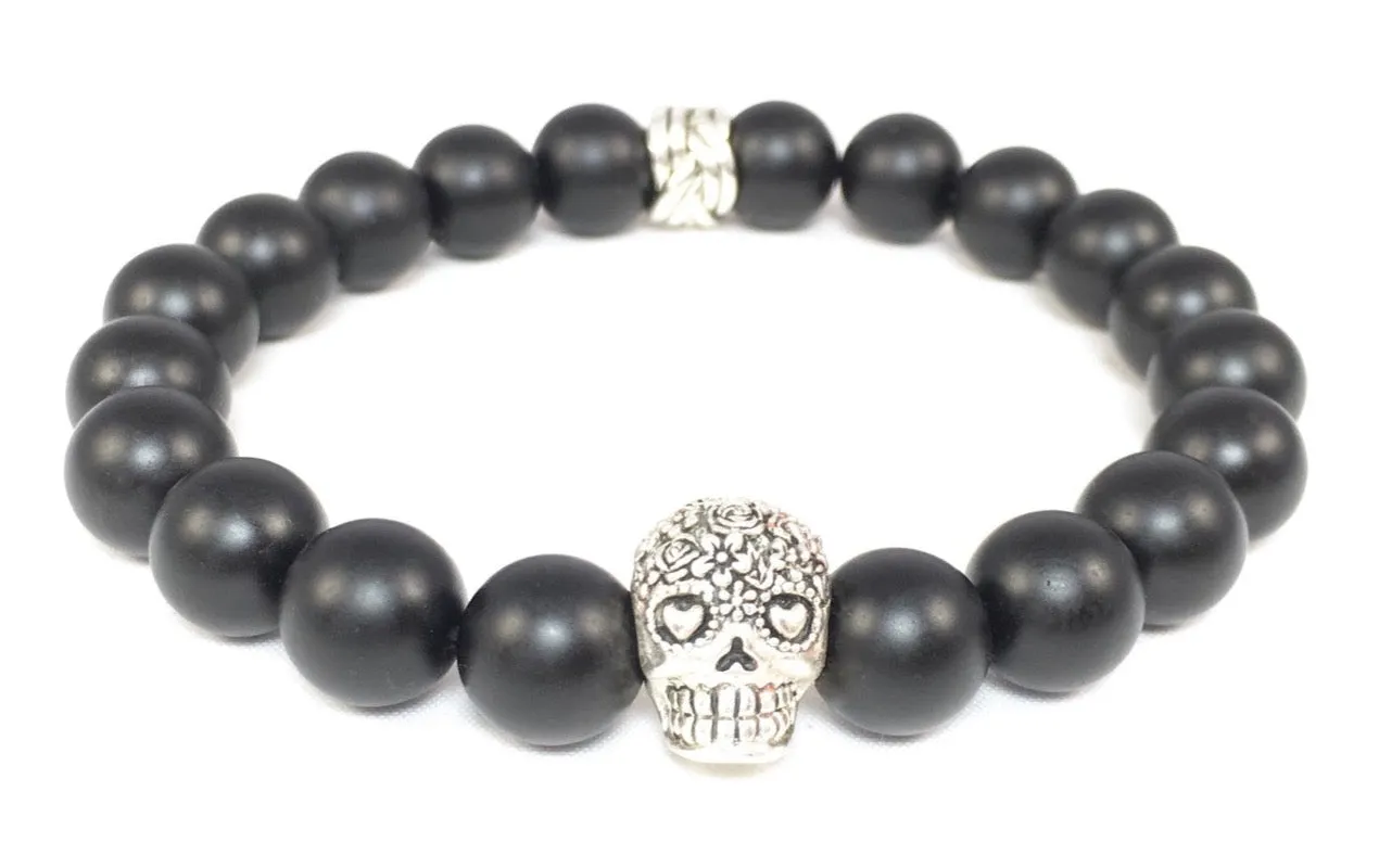 Matte Black Onyx Bracelet with Sterling Silver Day of the Dead Skull