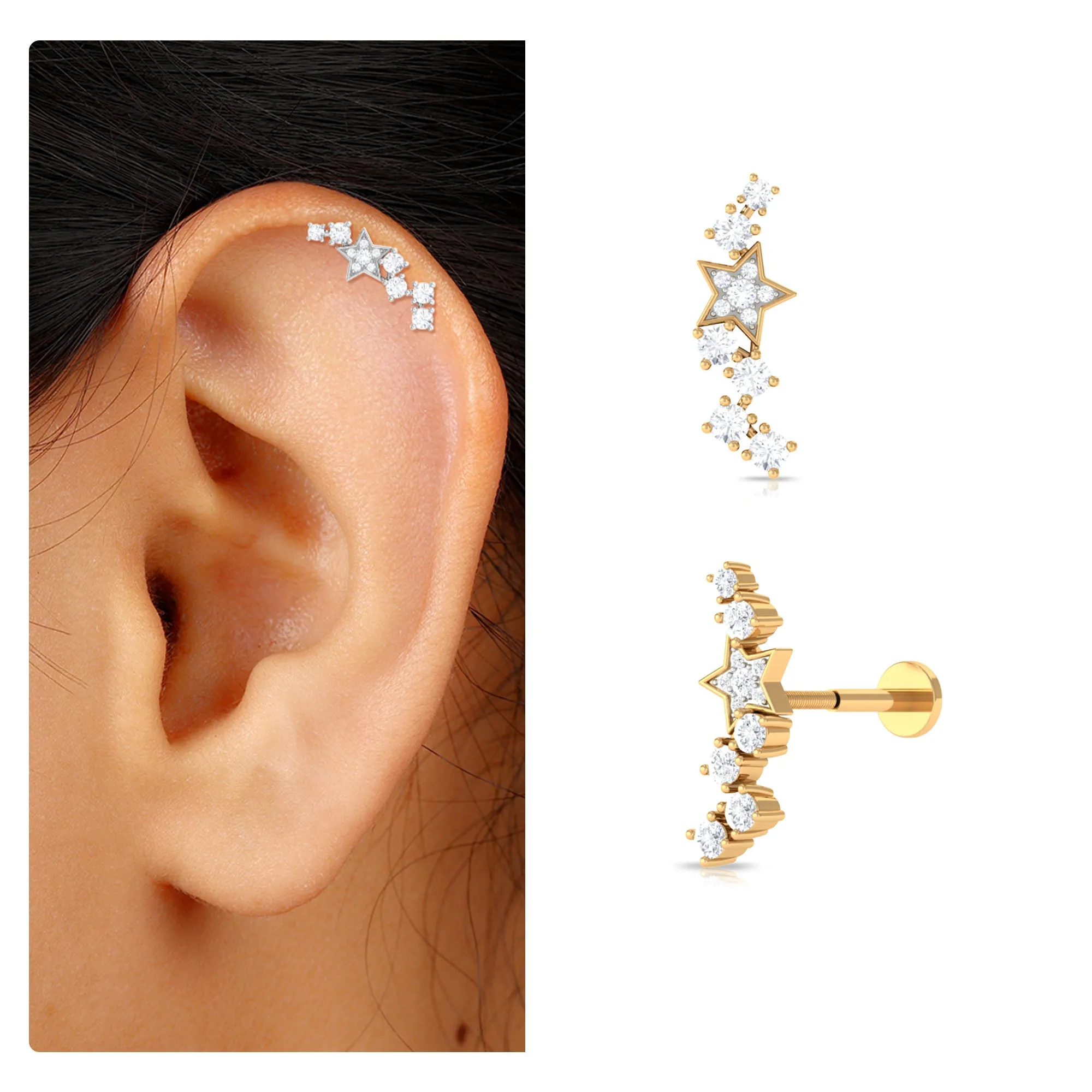 Moissanite Star Celestial Crawler Earring for Helix Piercing