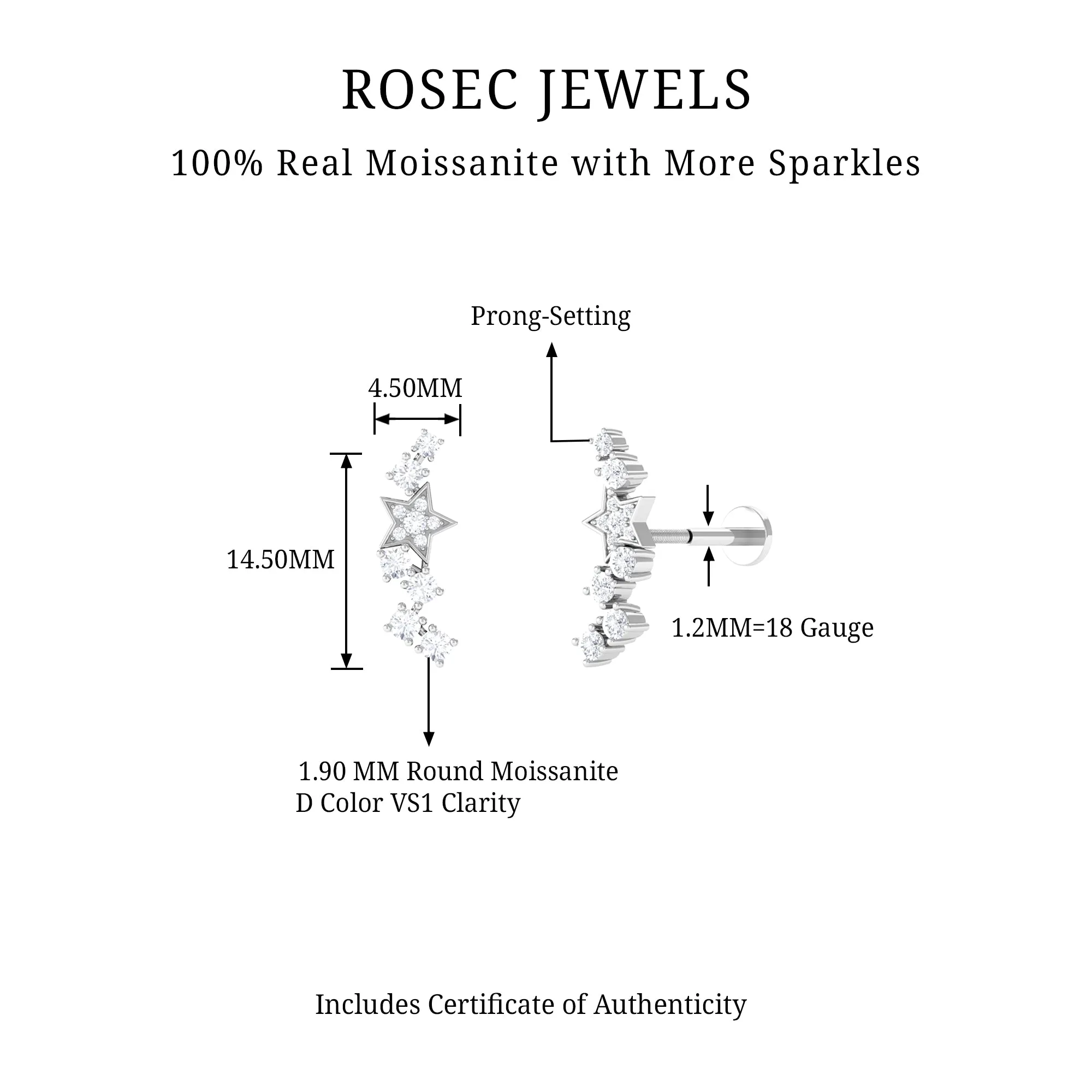Moissanite Star Celestial Crawler Earring for Helix Piercing