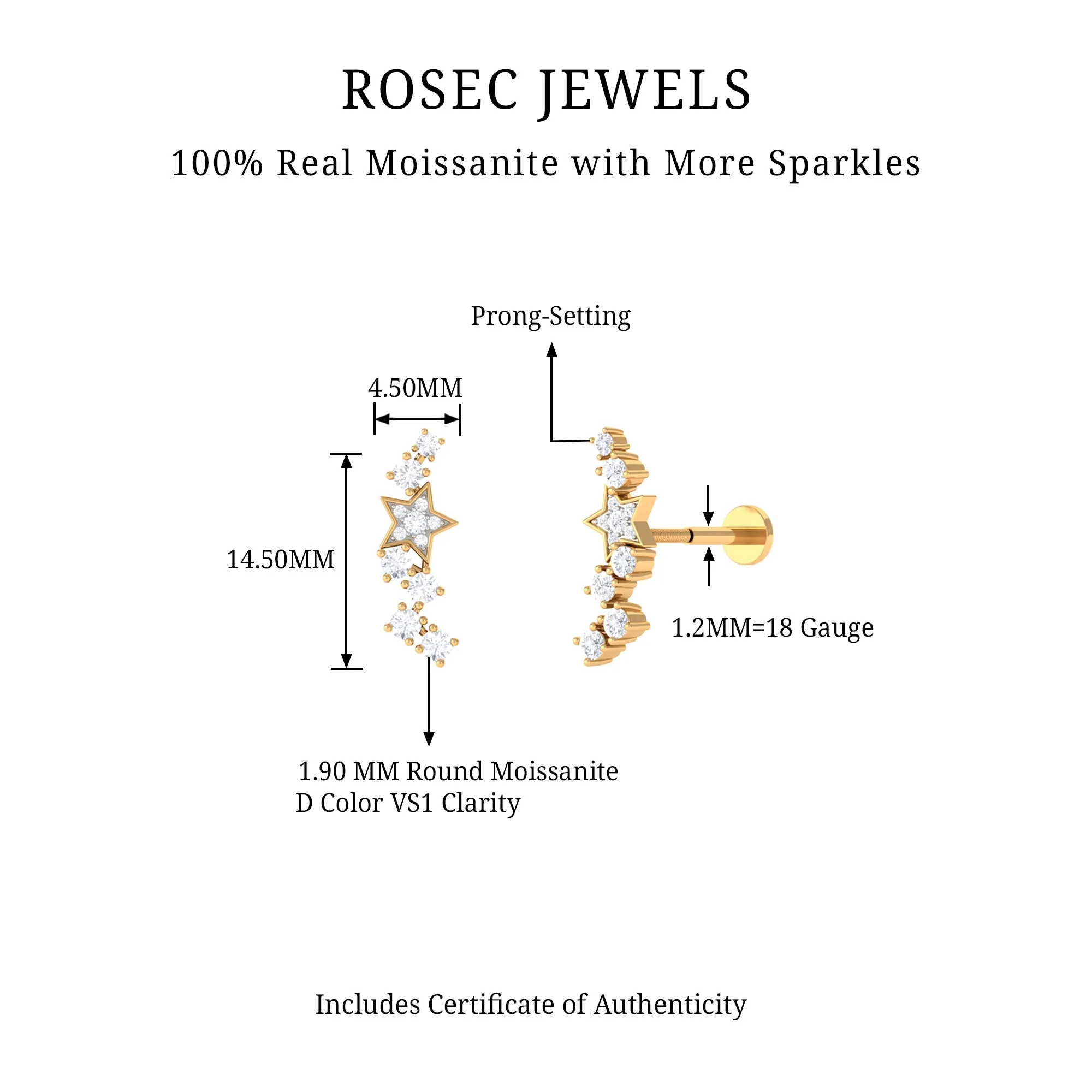 Moissanite Star Celestial Crawler Earring for Helix Piercing