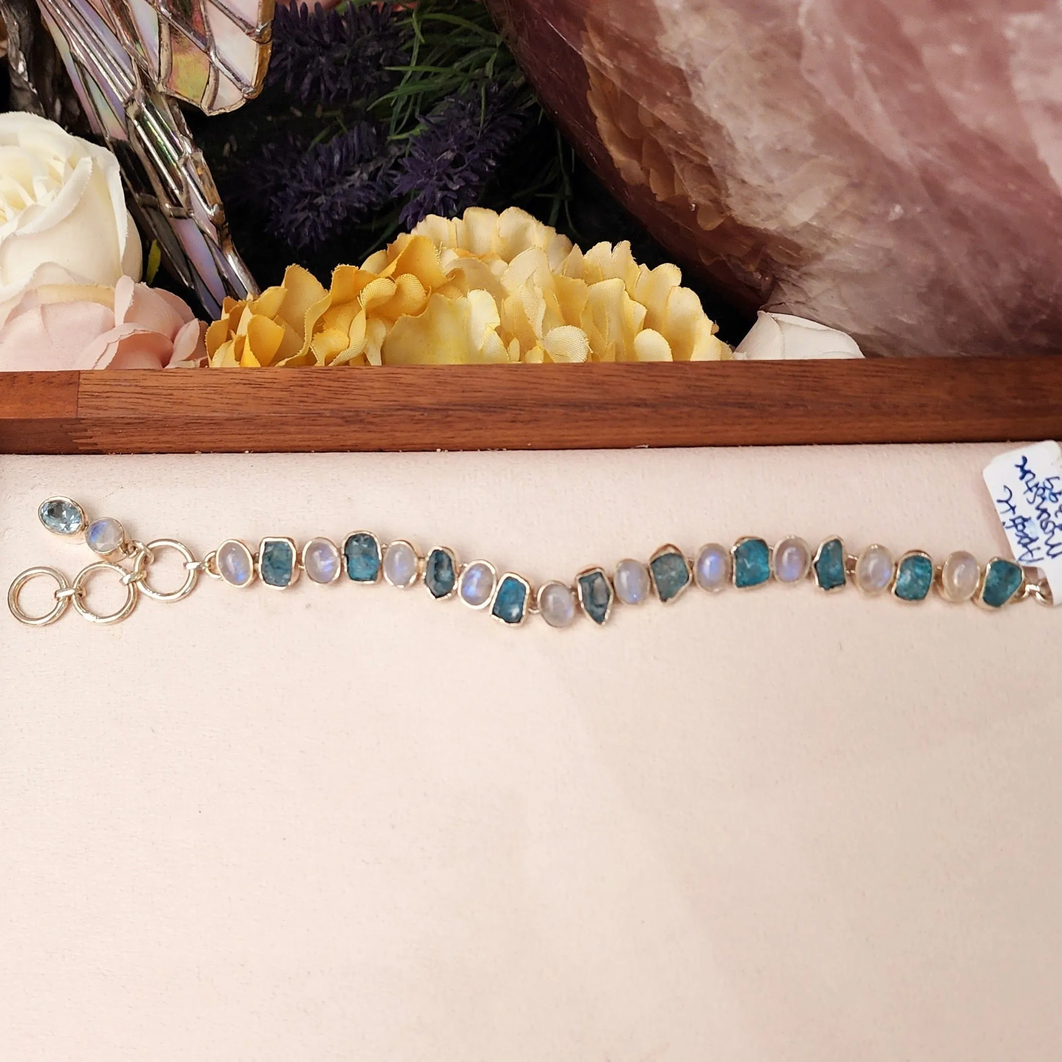 Paraíba Blue Apatite with Rainbow Moonstone Bracelet .925 Silver for Starting Fresh and Healthy Choices