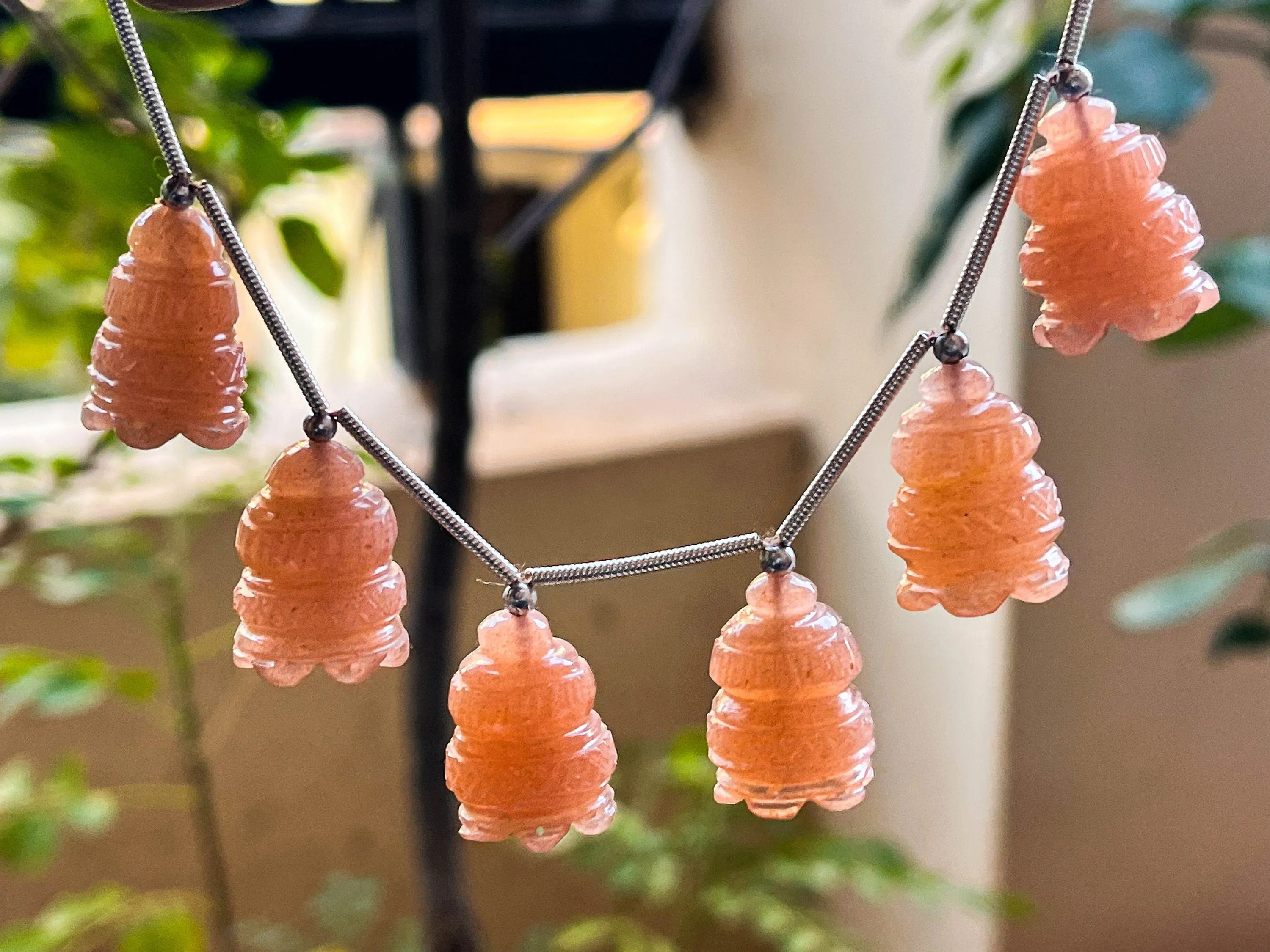 Peach Moonstone Flower Carved Bell Shape Beads