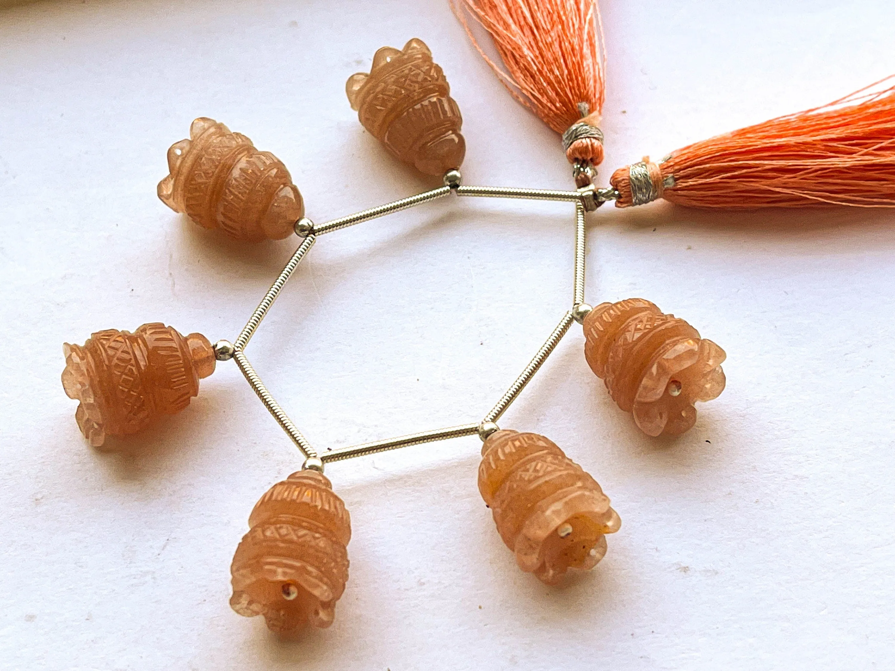 Peach Moonstone Flower Carved Bell Shape Beads