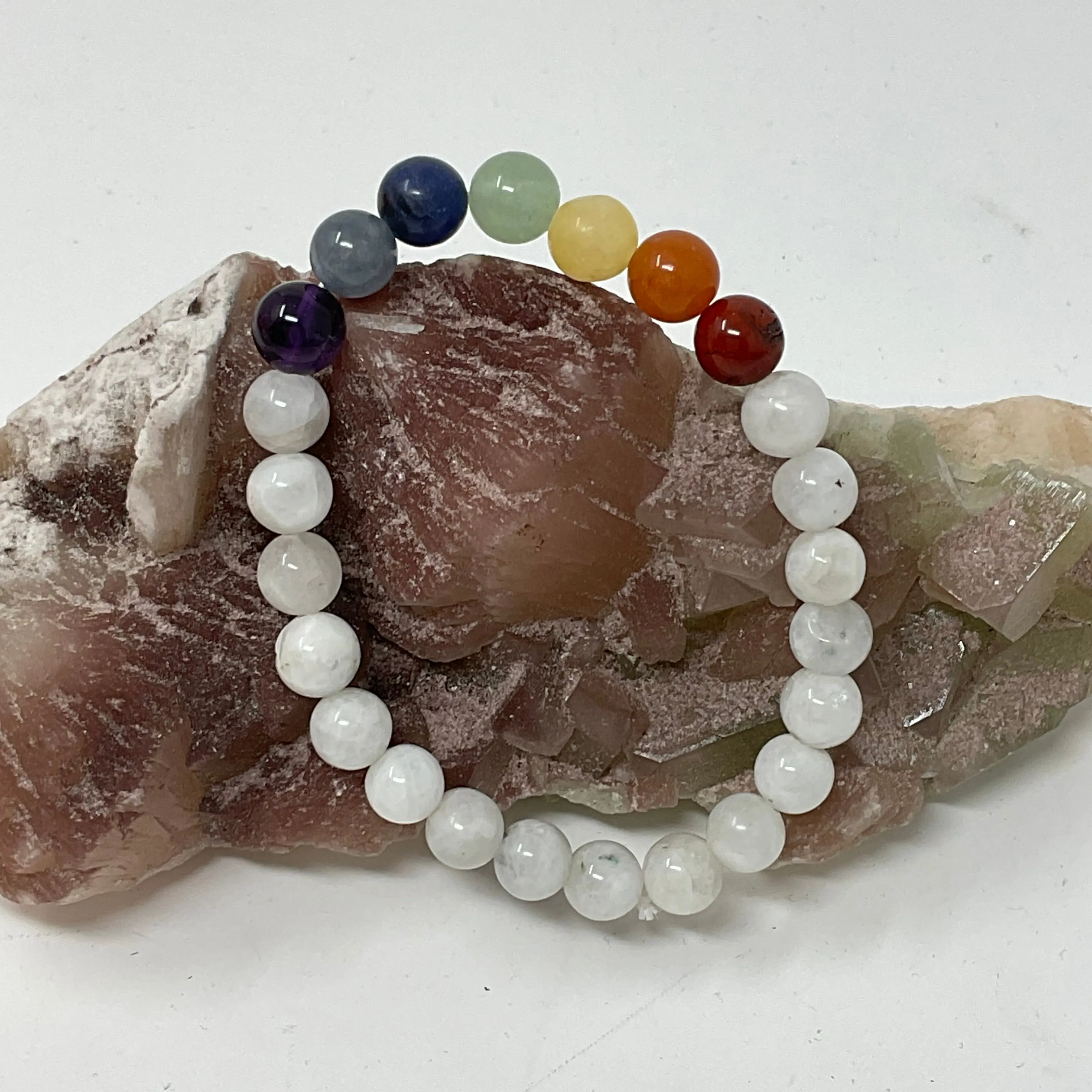 Rainbow Moonstone with 7-Mineral Chakra 8MM Round Bracelet