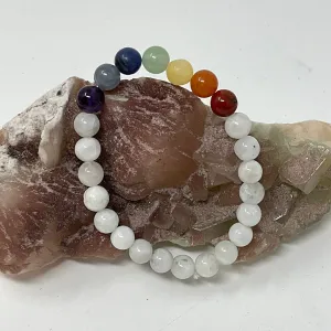 Rainbow Moonstone with 7-Mineral Chakra 8MM Round Bracelet