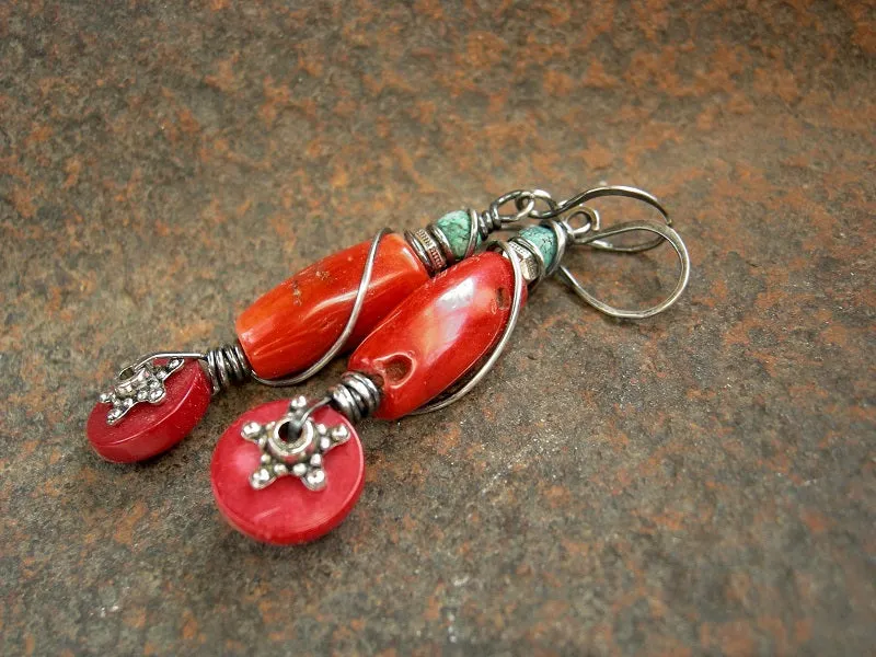 Rich Red Coral Earrings, Sterling Wire Wrap, Touch of Turquoise