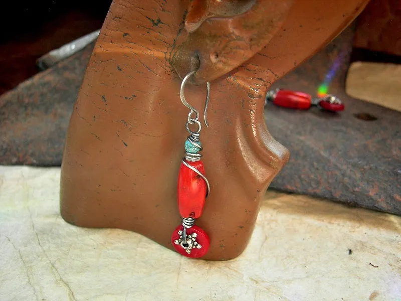 Rich Red Coral Earrings, Sterling Wire Wrap, Touch of Turquoise