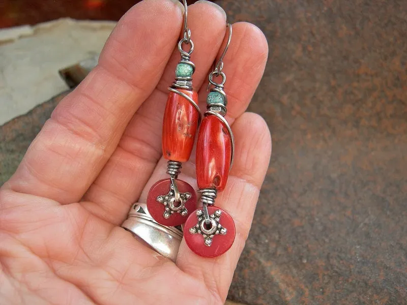 Rich Red Coral Earrings, Sterling Wire Wrap, Touch of Turquoise