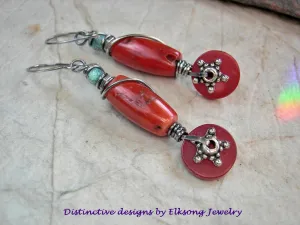 Rich Red Coral Earrings, Sterling Wire Wrap, Touch of Turquoise