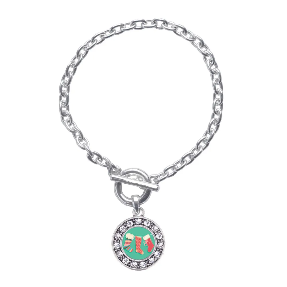Silver Holiday Stockings Circle Charm Toggle Bracelet