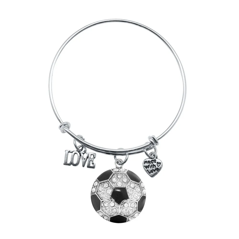 Silver Love Soccer Ball Charm Wire Bangle Bracelet
