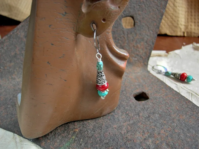 Simple Gemstone Drop Earrings, Coral, Natural Turquoise & Silver