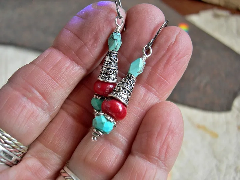 Simple Gemstone Drop Earrings, Coral, Natural Turquoise & Silver