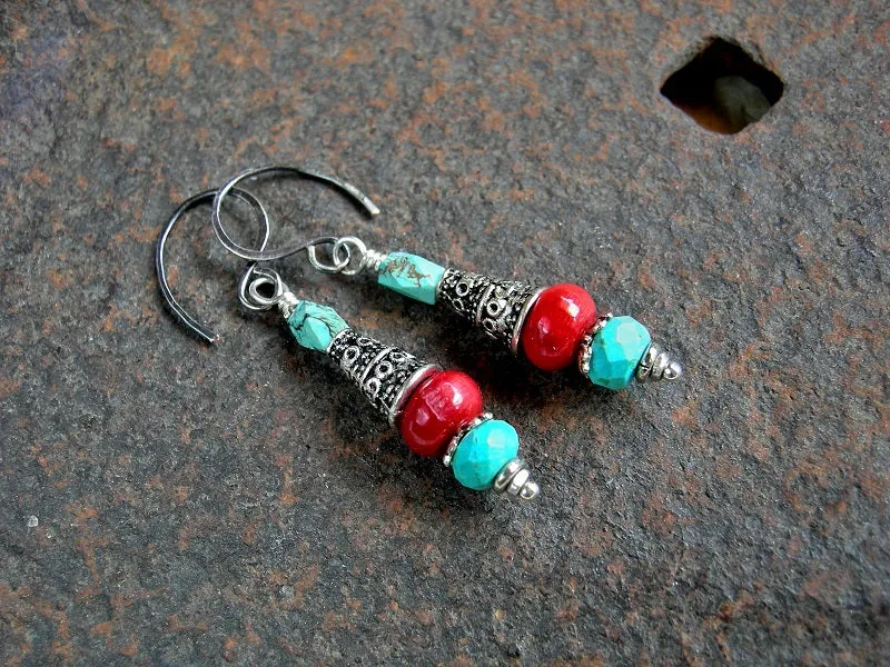 Simple Gemstone Drop Earrings, Coral, Natural Turquoise & Silver
